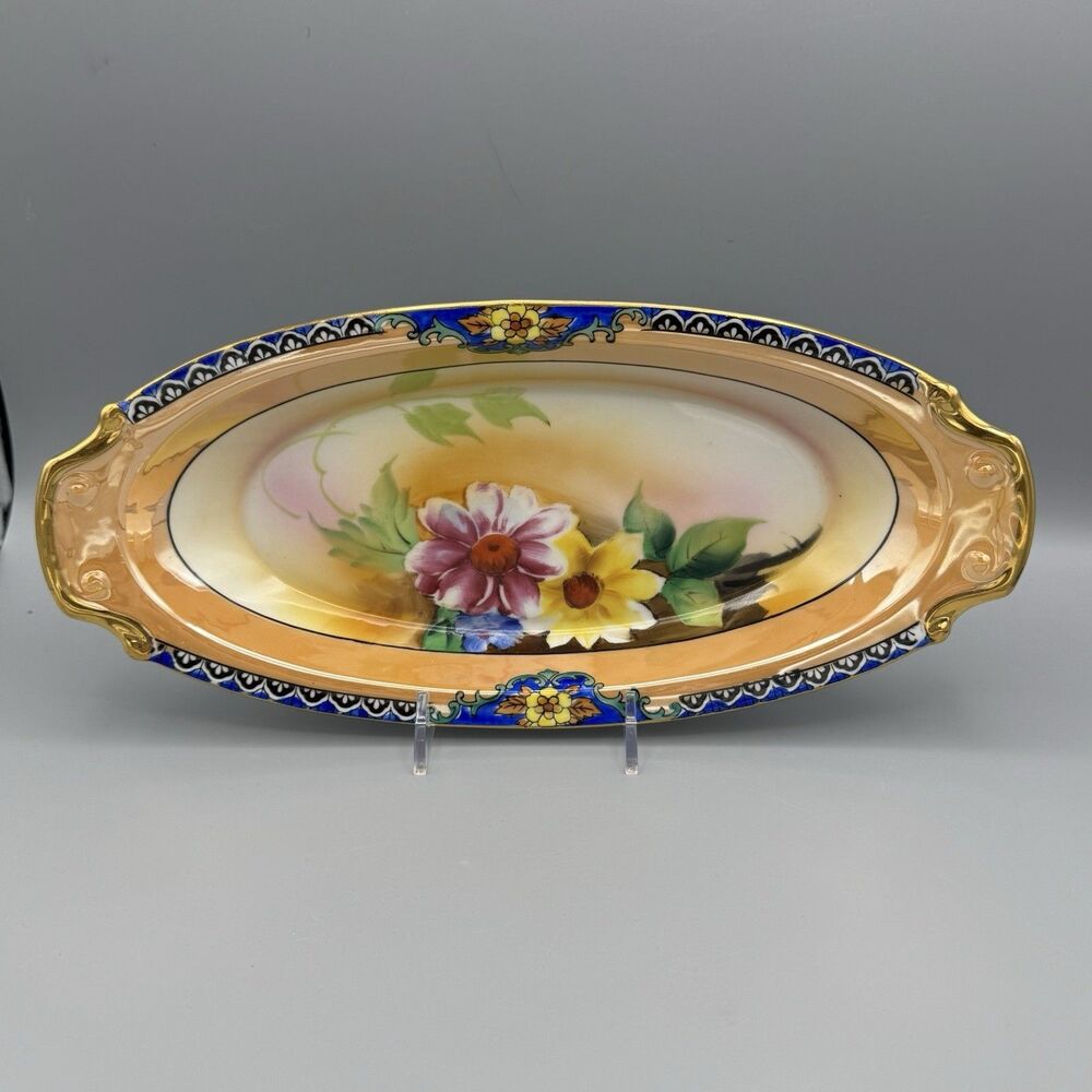 Vtg Noritake Hand-Painted Lusterware Serving Trinket Dish Floral Motif 11.5" L